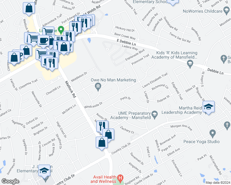 map of restaurants, bars, coffee shops, grocery stores, and more near 2013 Windcastle Drive in Mansfield