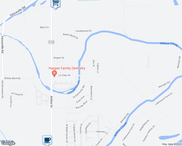 map of restaurants, bars, coffee shops, grocery stores, and more near 3132 Cypress Lane in Bossier City
