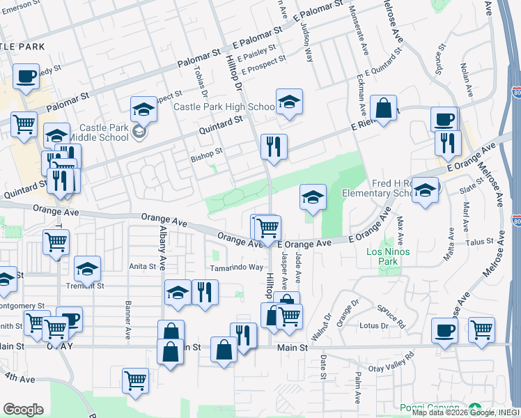 map of restaurants, bars, coffee shops, grocery stores, and more near 20 Jicama Way in Chula Vista