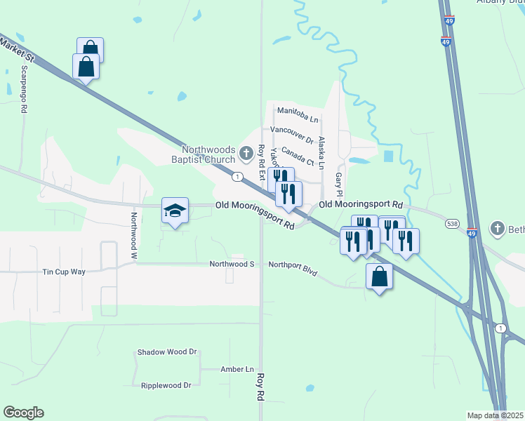 map of restaurants, bars, coffee shops, grocery stores, and more near 5798 Roy Rd in Shreveport