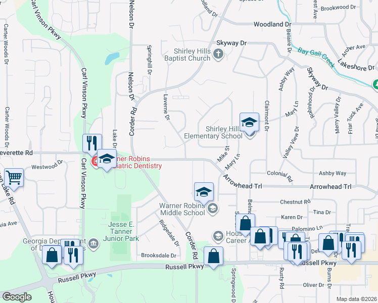 map of restaurants, bars, coffee shops, grocery stores, and more near 100 Laverne Drive in Warner Robins