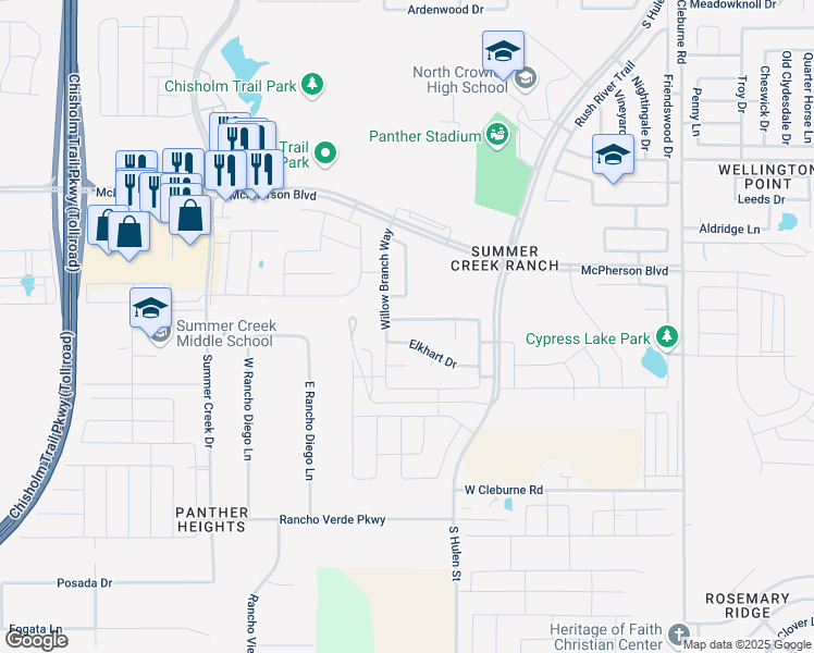 map of restaurants, bars, coffee shops, grocery stores, and more near 4817 Barberry Tree Cove in Crowley