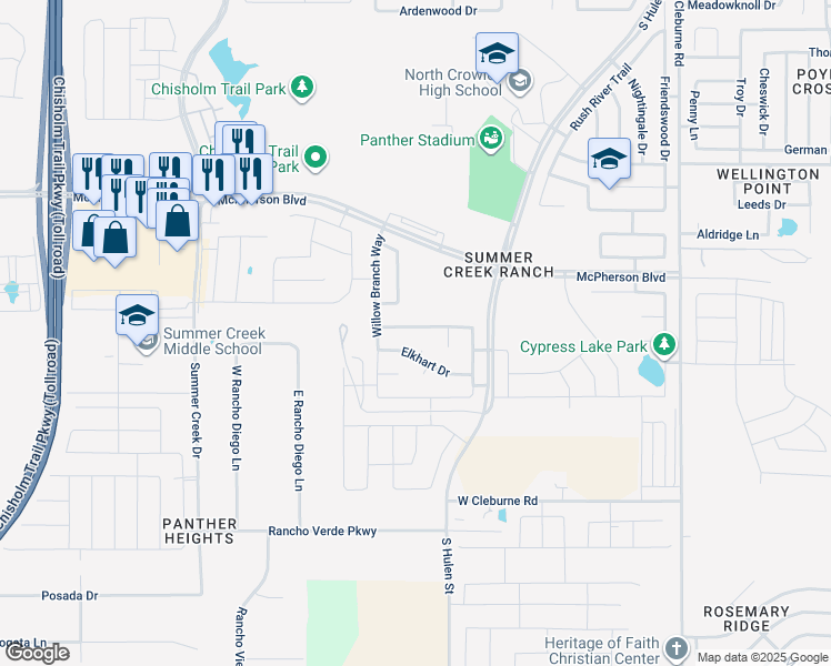 map of restaurants, bars, coffee shops, grocery stores, and more near 4801 Barberry Tree Cove in Crowley