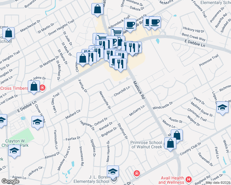 map of restaurants, bars, coffee shops, grocery stores, and more near 1616 Farmington Drive in Mansfield