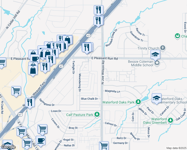 map of restaurants, bars, coffee shops, grocery stores, and more near 755 Cedarwood Drive in Cedar Hill