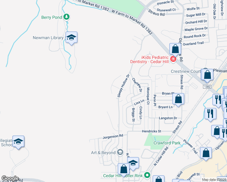 map of restaurants, bars, coffee shops, grocery stores, and more near 801 Sleepy Hollow Drive in Cedar Hill