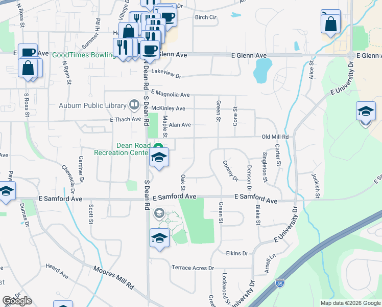 map of restaurants, bars, coffee shops, grocery stores, and more near 231 Oak Street in Auburn