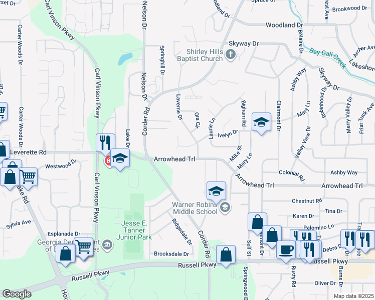 map of restaurants, bars, coffee shops, grocery stores, and more near 406 Ivelyn Court in Warner Robins