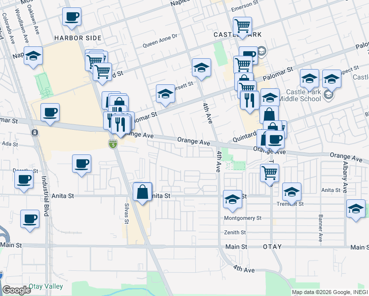 map of restaurants, bars, coffee shops, grocery stores, and more near in Chula Vista