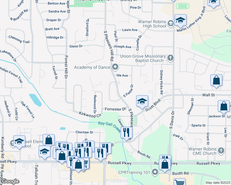 map of restaurants, bars, coffee shops, grocery stores, and more near 506 South Pleasant Hill Road in Warner Robins