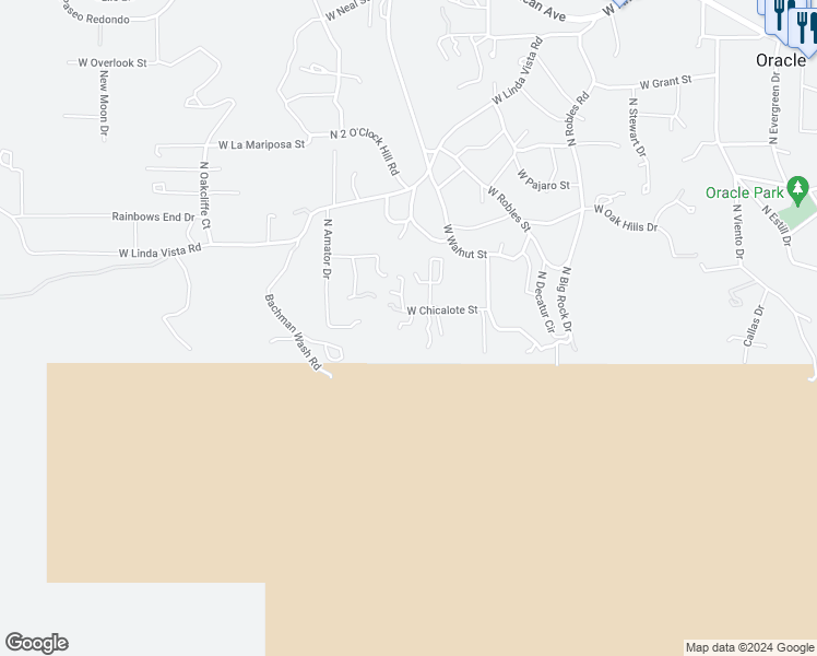 map of restaurants, bars, coffee shops, grocery stores, and more near 1085 West Chicalote Street in Oracle
