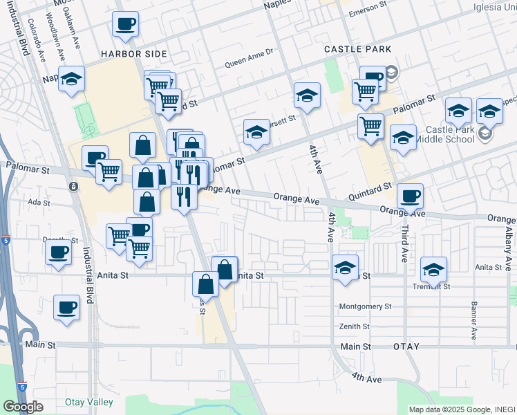 map of restaurants, bars, coffee shops, grocery stores, and more near 521 Orange Avenue in Chula Vista