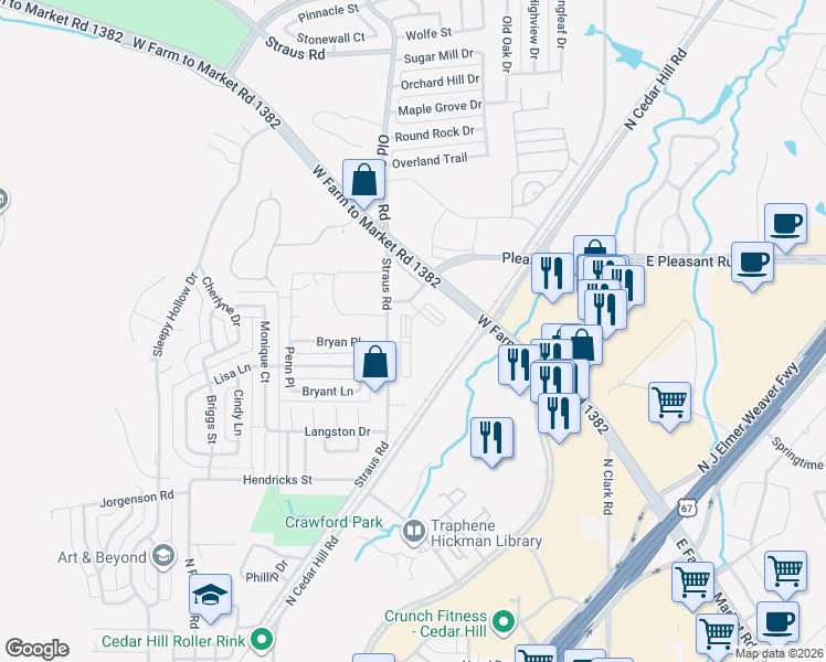 map of restaurants, bars, coffee shops, grocery stores, and more near 320 West Pleasant Run Road in Cedar Hill