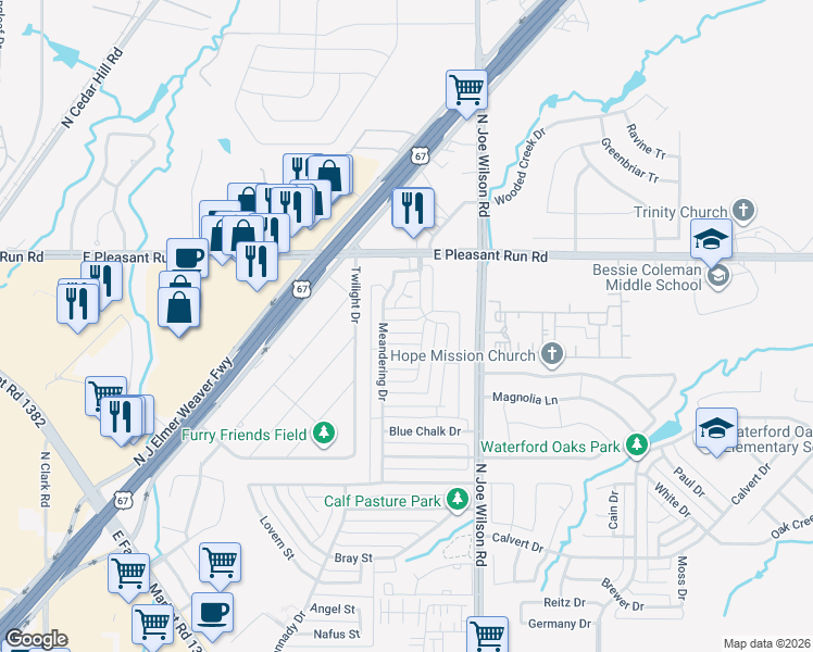 map of restaurants, bars, coffee shops, grocery stores, and more near 604 Grove Manor in Cedar Hill