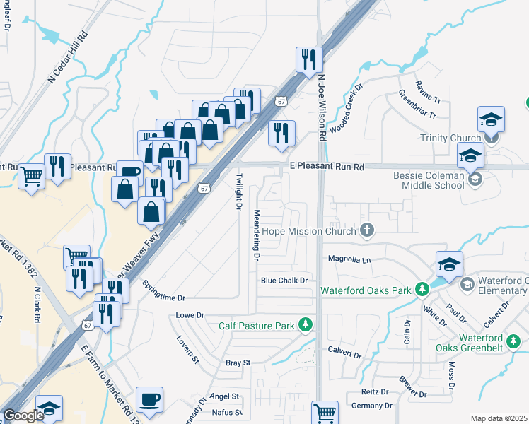 map of restaurants, bars, coffee shops, grocery stores, and more near 604 Grove Manor in Cedar Hill