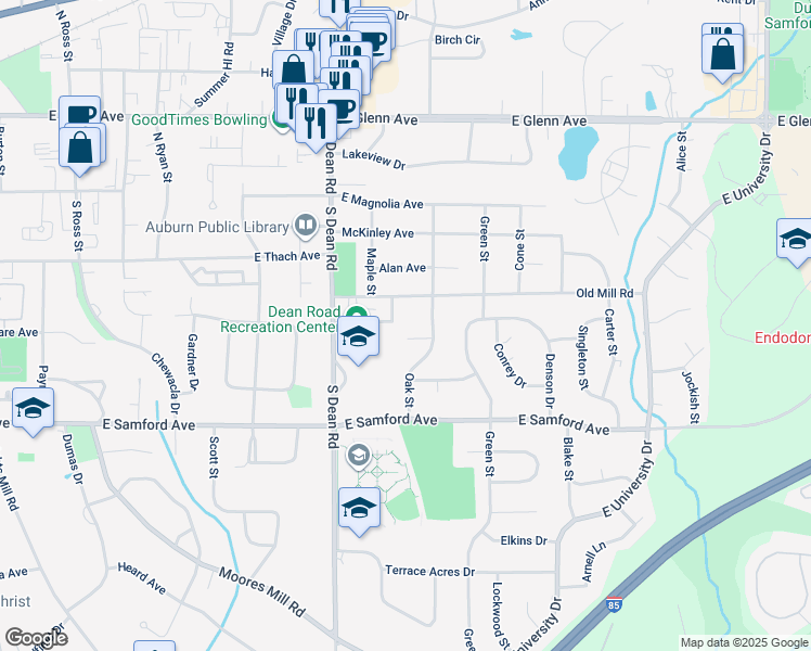 map of restaurants, bars, coffee shops, grocery stores, and more near 454 South Dean Road in Auburn