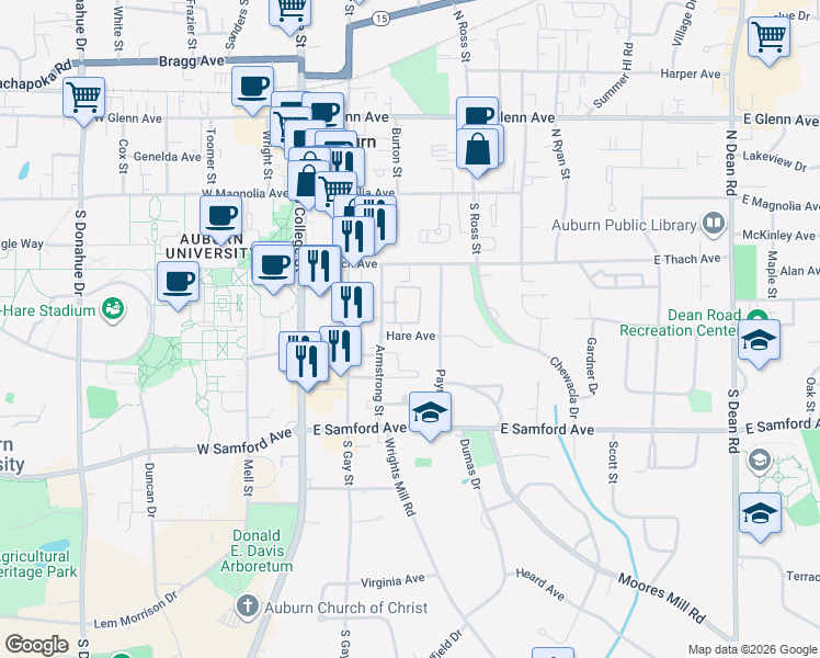 map of restaurants, bars, coffee shops, grocery stores, and more near 221 Armstrong Street in Auburn