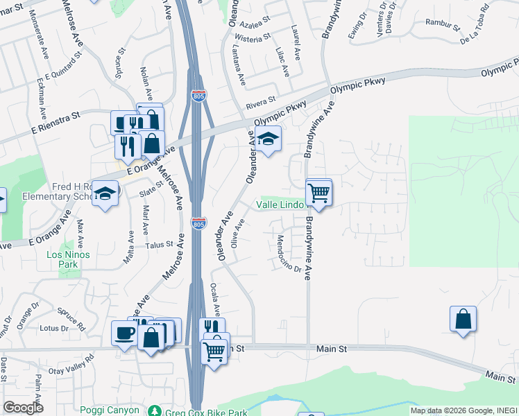 map of restaurants, bars, coffee shops, grocery stores, and more near 1540 Olive Court in Chula Vista