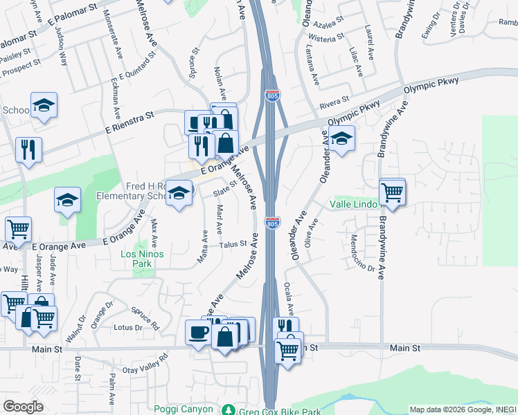 map of restaurants, bars, coffee shops, grocery stores, and more near 1540 Melrose Avenue in Chula Vista