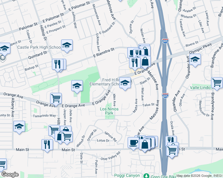 map of restaurants, bars, coffee shops, grocery stores, and more near 153 Rainier Court in Chula Vista