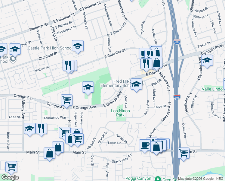 map of restaurants, bars, coffee shops, grocery stores, and more near 1545 Max Avenue in Chula Vista