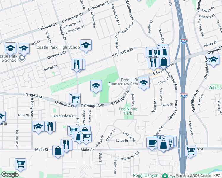 map of restaurants, bars, coffee shops, grocery stores, and more near 1520 Larkhaven Drive in Chula Vista