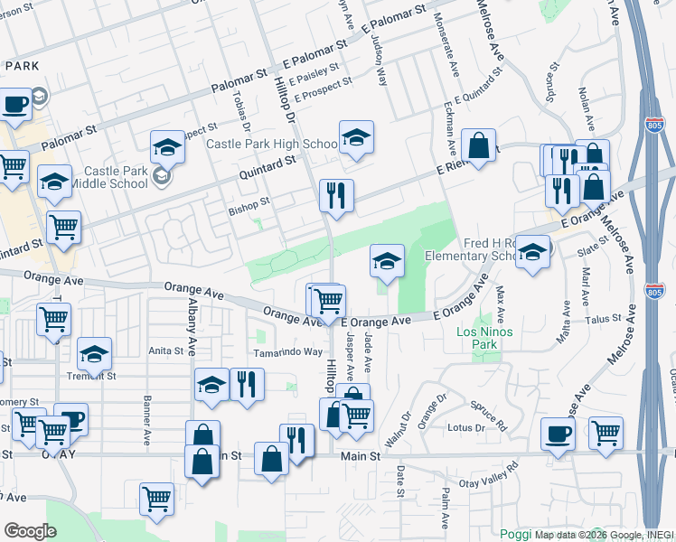 map of restaurants, bars, coffee shops, grocery stores, and more near 1423 Hilltop Drive in Chula Vista