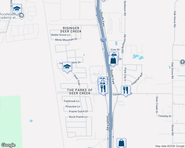 map of restaurants, bars, coffee shops, grocery stores, and more near 10523 Grossman Groove Lane in Fort Worth
