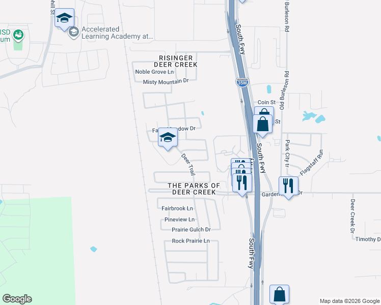 map of restaurants, bars, coffee shops, grocery stores, and more near 312 Stormydale Lane in Fort Worth