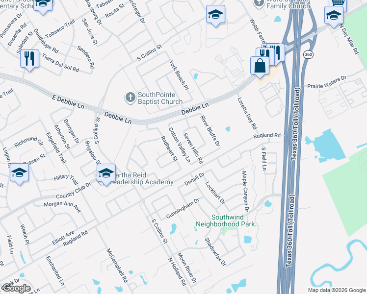 map of restaurants, bars, coffee shops, grocery stores, and more near 8410 Cotton Valley Lane in Arlington