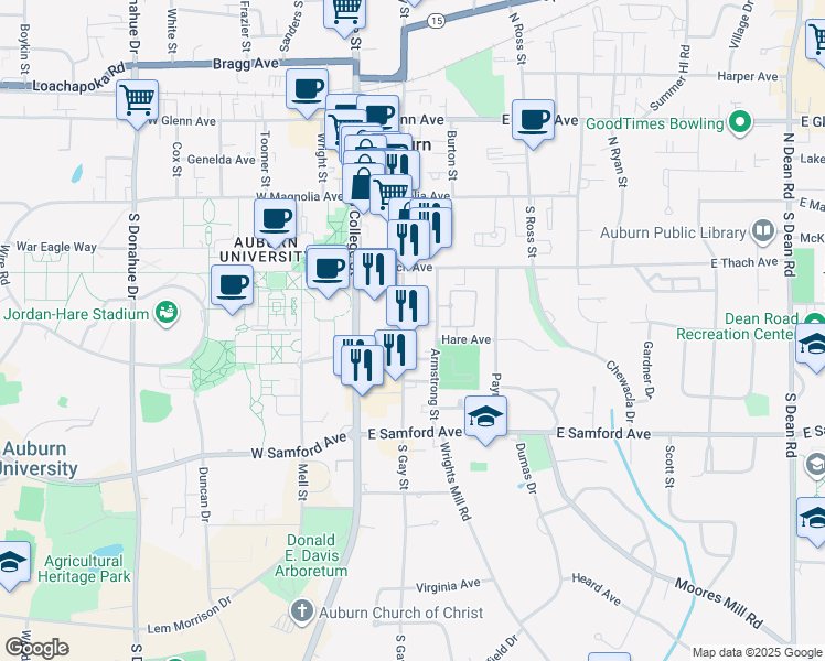 map of restaurants, bars, coffee shops, grocery stores, and more near 257 South Gay Street in Auburn