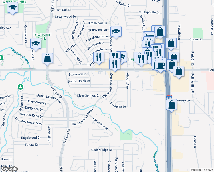map of restaurants, bars, coffee shops, grocery stores, and more near 1035 Hunters Creek Drive in DeSoto