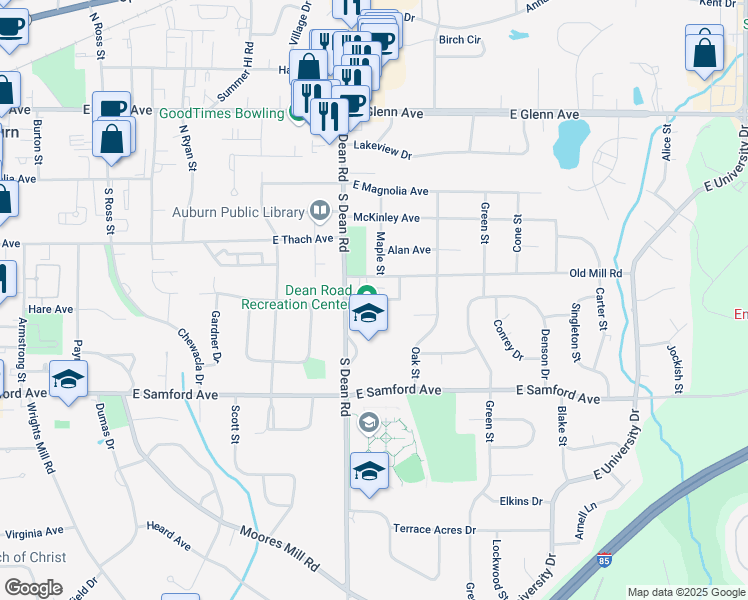 map of restaurants, bars, coffee shops, grocery stores, and more near East Park Avenue in Auburn