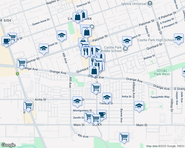 map of restaurants, bars, coffee shops, grocery stores, and more near 333 Quintard Street in Chula Vista