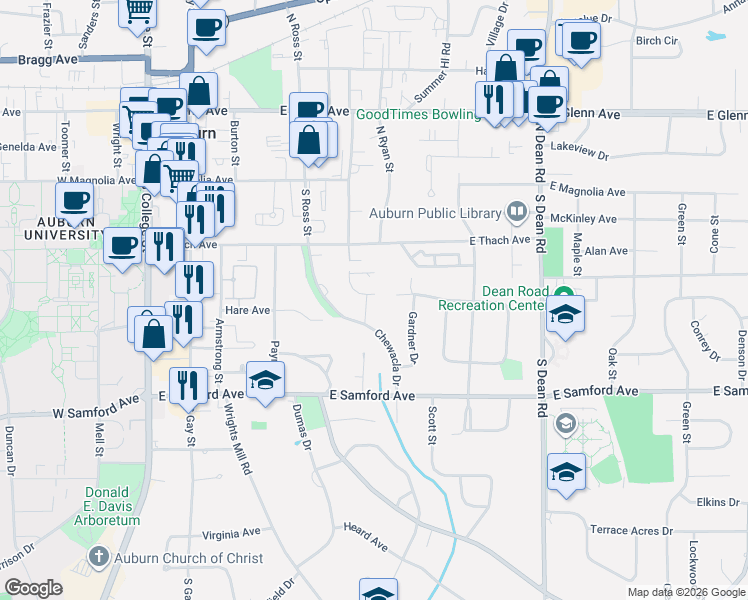 map of restaurants, bars, coffee shops, grocery stores, and more near 525 Auburn Dr in Auburn