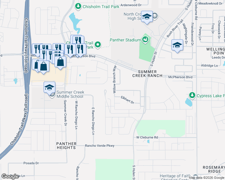 map of restaurants, bars, coffee shops, grocery stores, and more near 9632 Willow Branch Way in Crowley