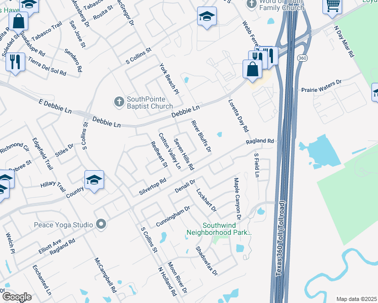 map of restaurants, bars, coffee shops, grocery stores, and more near 802 Lazy Bayou Drive in Arlington