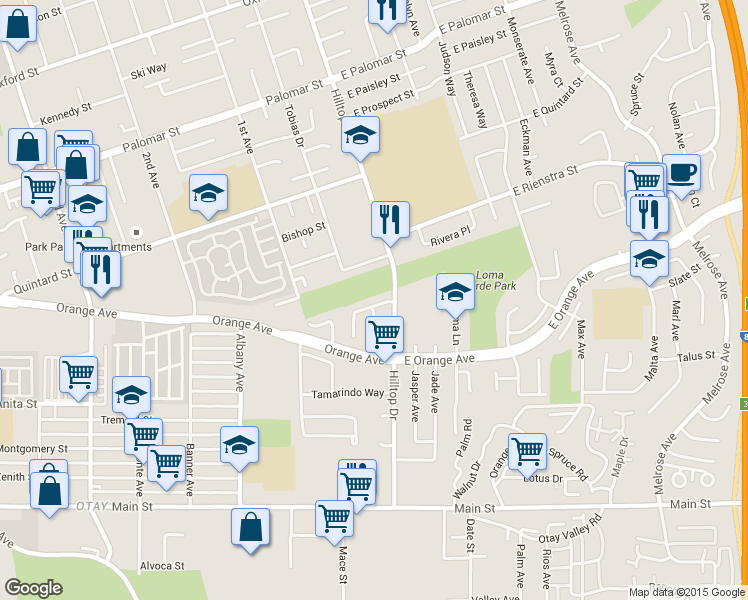 map of restaurants, bars, coffee shops, grocery stores, and more near 20 Jicama Way in Chula Vista