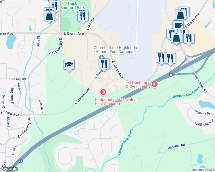 map of restaurants, bars, coffee shops, grocery stores, and more near 1900 Samford Trace Court in Auburn