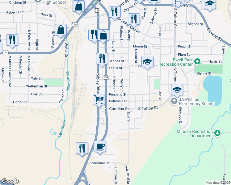 map of restaurants, bars, coffee shops, grocery stores, and more near 706 Pershing Street in Minden