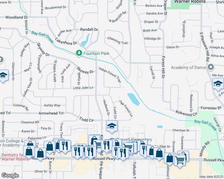 map of restaurants, bars, coffee shops, grocery stores, and more near 119 Cherokee Forest Trail in Warner Robins