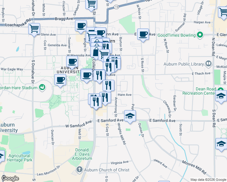 map of restaurants, bars, coffee shops, grocery stores, and more near 21 Armstrong Street in Auburn