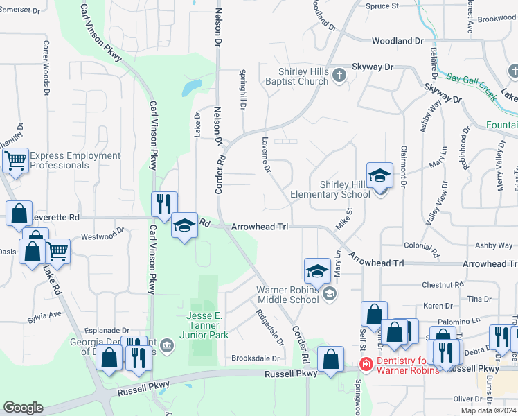 map of restaurants, bars, coffee shops, grocery stores, and more near 415 Ivelyn Court in Warner Robins