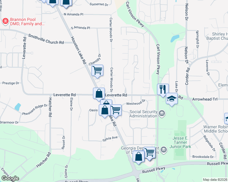 map of restaurants, bars, coffee shops, grocery stores, and more near 102 Carter Woods Drive in Warner Robins