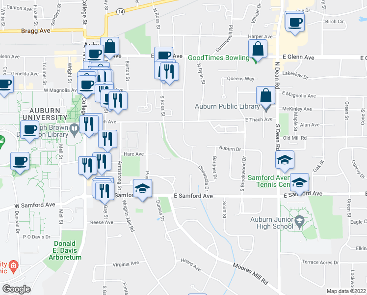 map of restaurants, bars, coffee shops, grocery stores, and more near 518 Auburn Drive in Auburn