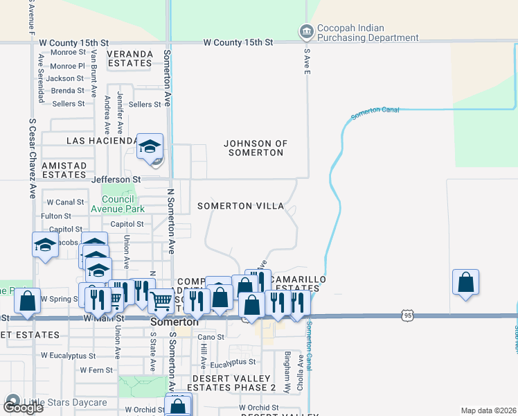 map of restaurants, bars, coffee shops, grocery stores, and more near 607 North Marshall Loop Road in Somerton