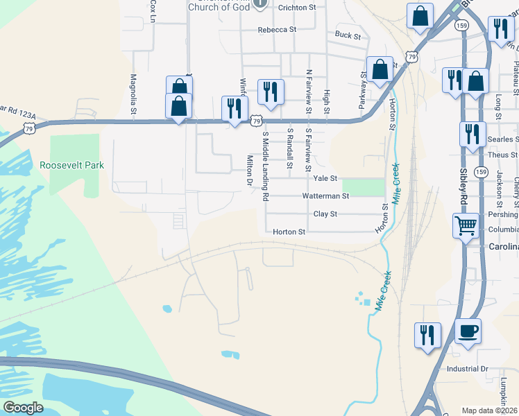 map of restaurants, bars, coffee shops, grocery stores, and more near 507 South Middle Landing Road in Minden