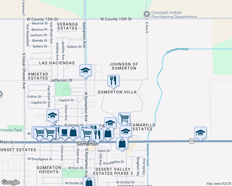map of restaurants, bars, coffee shops, grocery stores, and more near 607 North Marshall Loop Road in Somerton