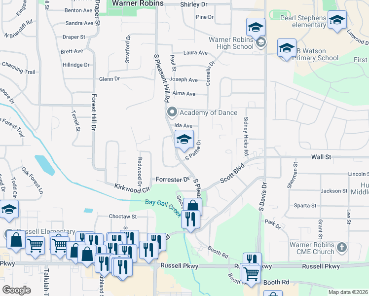 map of restaurants, bars, coffee shops, grocery stores, and more near 506 South Pleasant Hill Road in Warner Robins