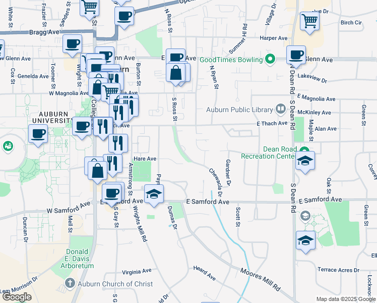 map of restaurants, bars, coffee shops, grocery stores, and more near 253 Chewacla Drive in Auburn